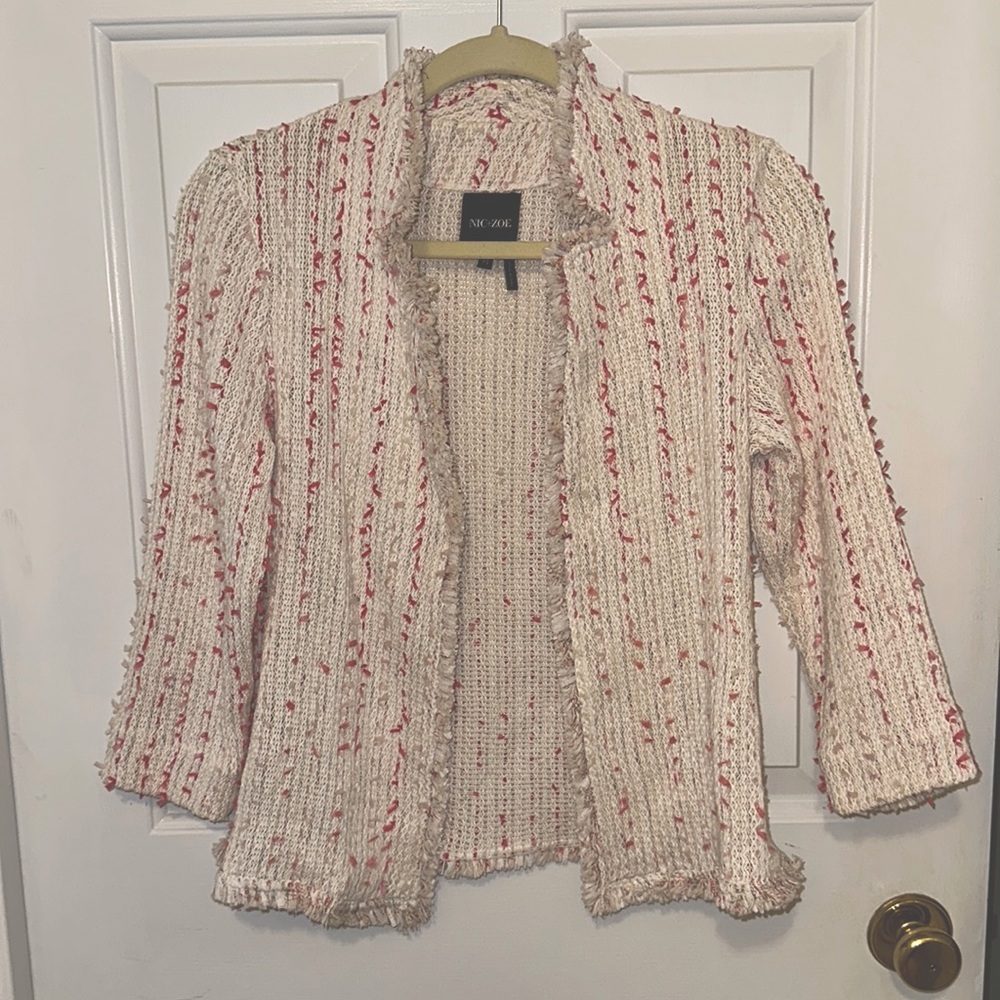 Nic + Zoe Spring Fringe White Red Pink Tweed Jacket Blazer Size PETITE SMALL